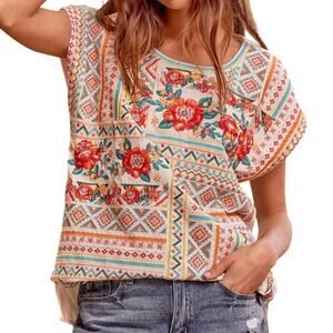 Savanna Jane Embroidered Boho Floral Paisley Short Cap Sleeve Top Size Small